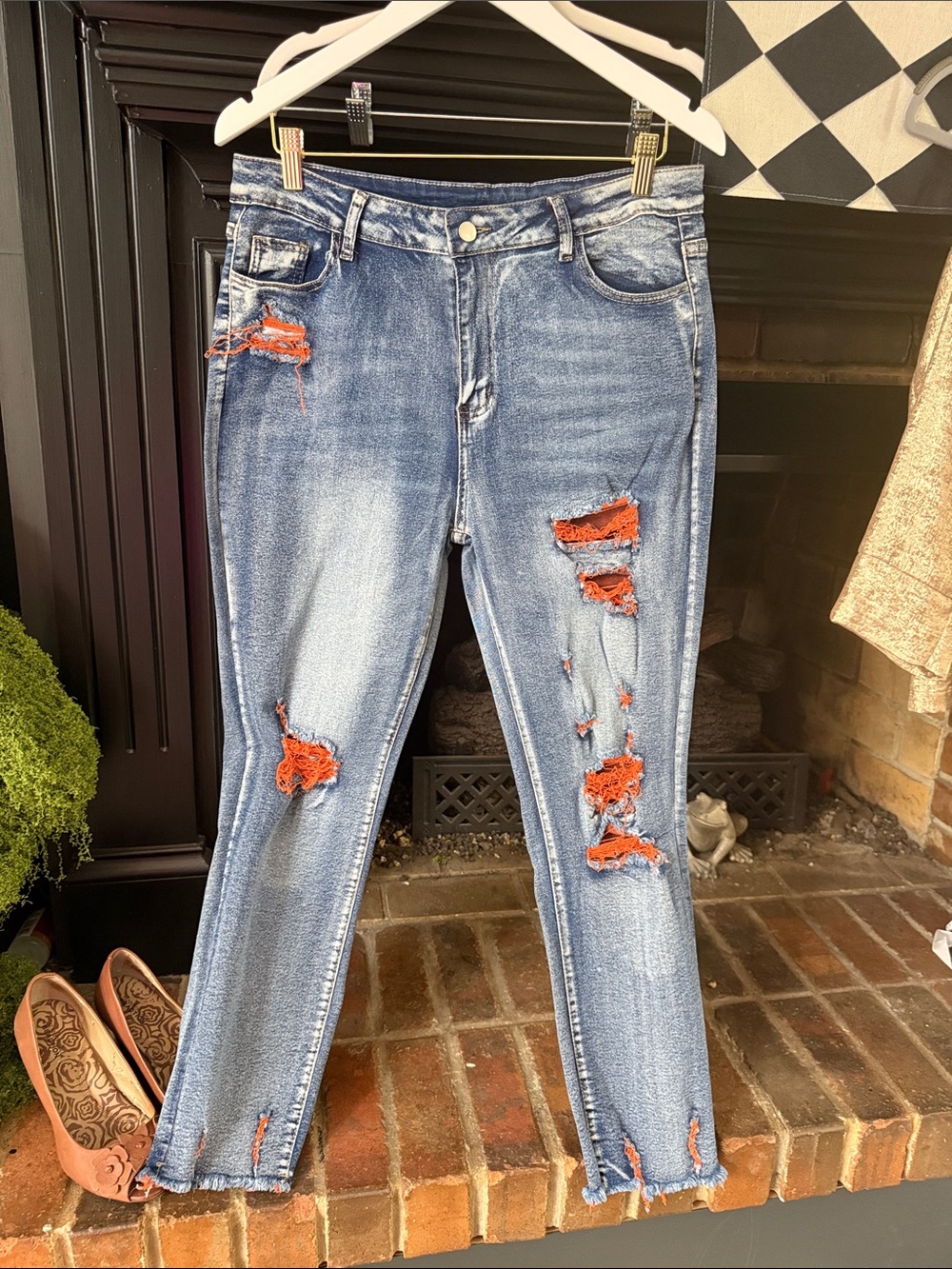 Women's Distressed Blue Denim Jeans with Orange Patch Details